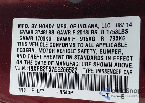 2014 Honda Civic Lx from USA, damaged, VIN 19XFB2F57EE266522